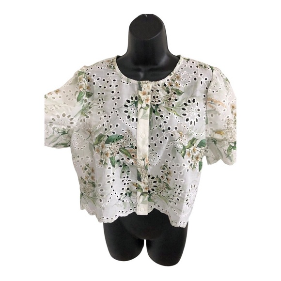 White crochet eyelet style green floral button down blouse top size Large new - Picture 6 of 15